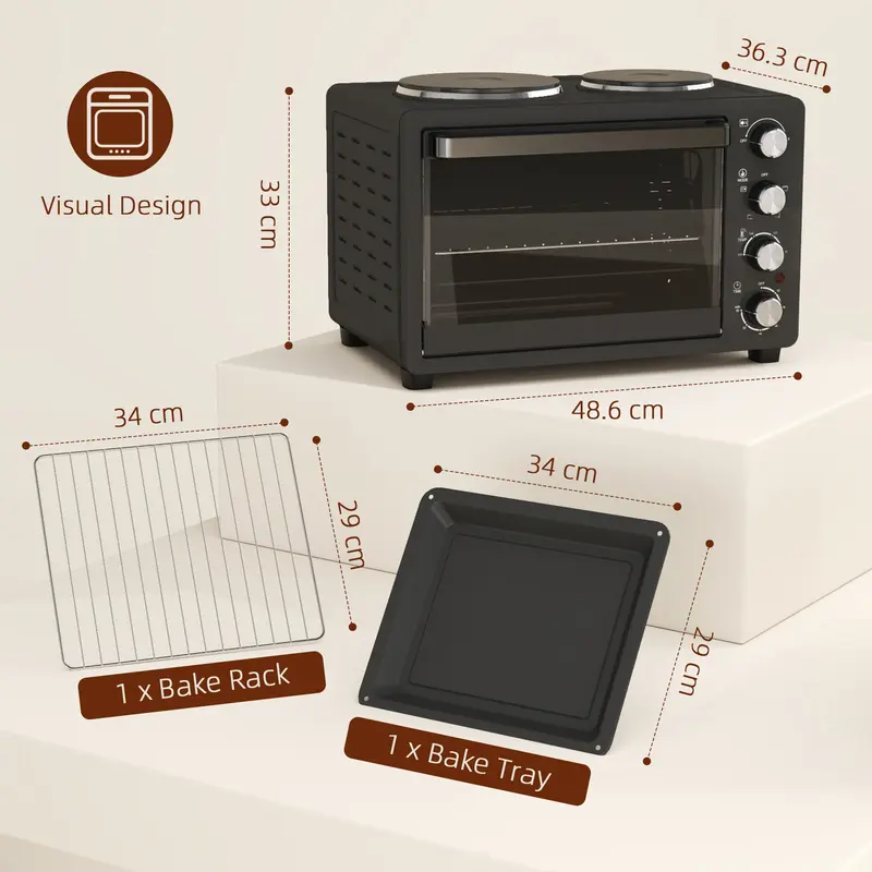 HOMCOM 28L Mini Oven with 2 Hot Plates, Countertop Toaster Oven, Grill, Roast, Bake, Boil, with Timer, Adjustable Temperature, Electric Oven with Baking Tray, Grill Rack, Crumb Tray, 2600W, Black 4
