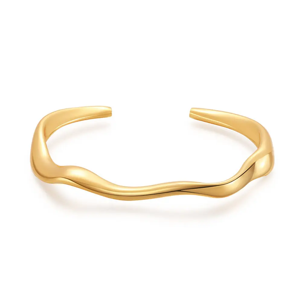 Gold-Plated Brass Solid Bangle Bracelet, Minimalist Open Cuff with Elegant Wavy Design, Lightweight Luxury Jewelry for Women, Sophisticated and Unique Designer Piece, Perfect for Adding a Touch of Refined Style to Any Outfit