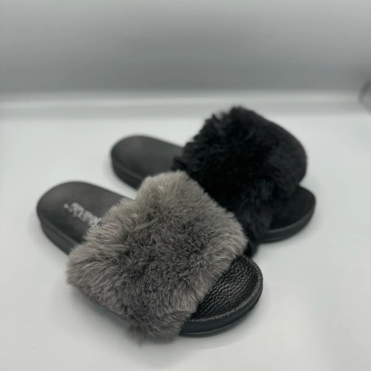 Ladies Faux Furr Black Grey Summer Open Toed Lightweight Slider Sandle outdoor slippers