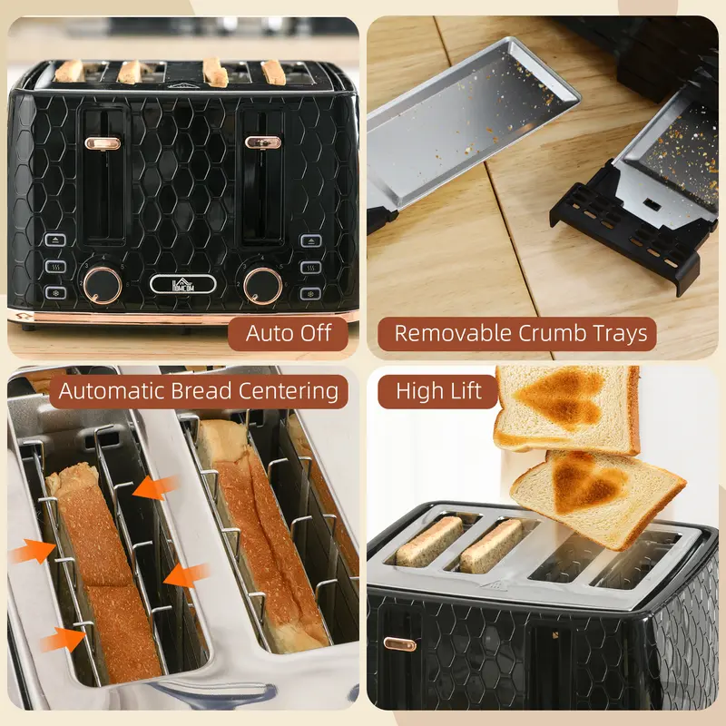 HOMCOM 4 Slice Toaster with 7 Browning Levels, High Lift, Reheat/Defrost/Cancel, Self-centring Function, Removable Crumb Tray, Auto Off, 1600W, Black Honeycomb Texture 6