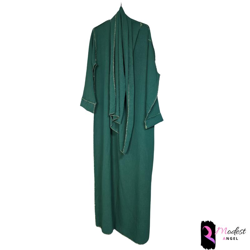 Gold stitch abaya maxi dress attached scarf in 12 colors beige pink dark turquoise black olive green caramel sapphire blue brown grey dark grey bottle green cream light cobalt blue modest islam comfort muslim clothing islamic clothing long sleeve solid mi 5