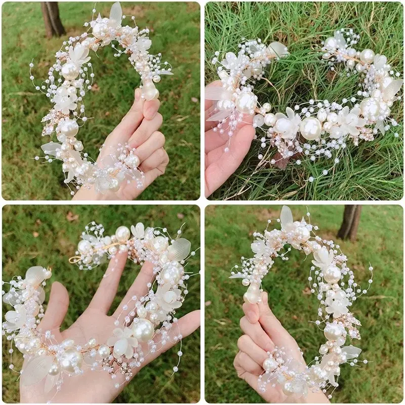 ICYBYAMON Bride Headband, Wedding Party Hair Band Rhinestones Hair Crown Crystal Pearl Hair Pc Tiara Hairbands Elegant Wedding Jewellery Accessories, Gold,White, 32.5cm x 3cm 3