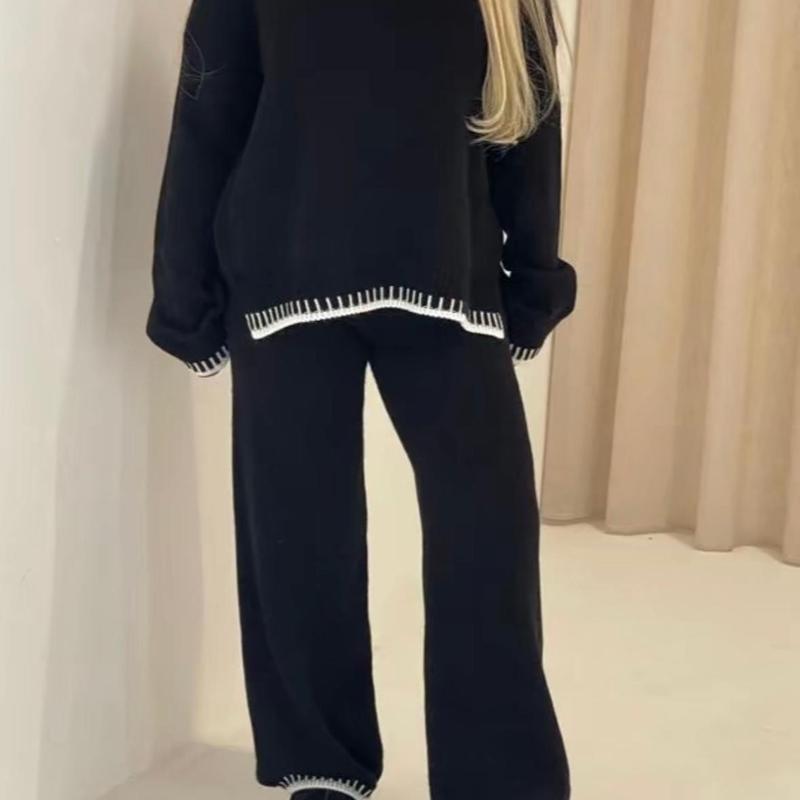Women's Knitted Lounge Wear Ladies wide Leg Palazzo Top Trousers tracksuit Set 5