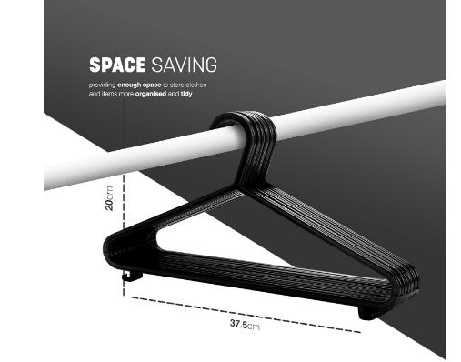 Adult Plastic Coat Hangers - 25pk, Black Colour, Strong Clothes Hangers for Clothes Rail & Closet, Clothing Hanger with Suit Pants Trouser Bar and Clips, Space Saving, 37.5 cm Wide 1