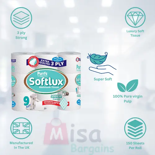 90 Toilet Rolls 45 Softlux Purffs Coconut + 45 Softly Purffs Lavender 3ply Bathroom Luxury Quilted Toilet Rolls  (10*9pk) Flushable Disposable Family Toilet Pack Sheets Scented 3