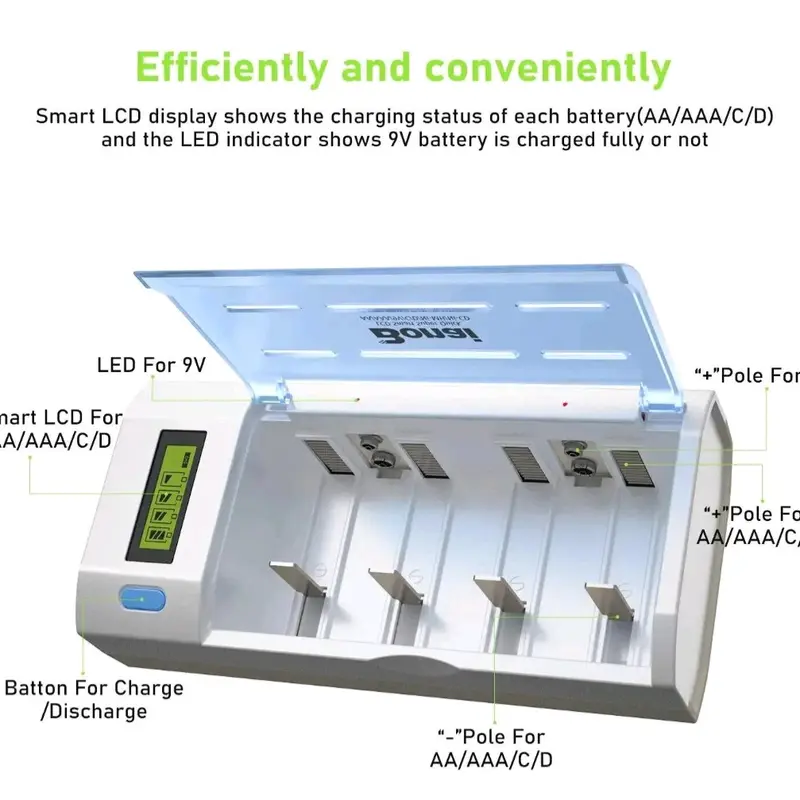 BONAI LCD Rechargeable Battery Charger For C, D, AA, AAA Battery (Ni-Mh or Ni-Cd) and 9V Battery (Ni-Mh or Li-ion) - LCD Universal Battery Charger With Discharge Function Batteries Charging Phone Smartphone Metal 5
