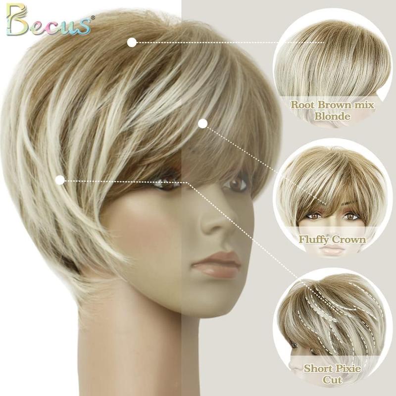 Blonde Pixie Cut Wigs for Women Fluffy Layer Lowlight With Root Stretch Synthetic Hair Pixie Wig with Bangs for Women Replacement Wig Daily Wear(Ash Blonde) 2