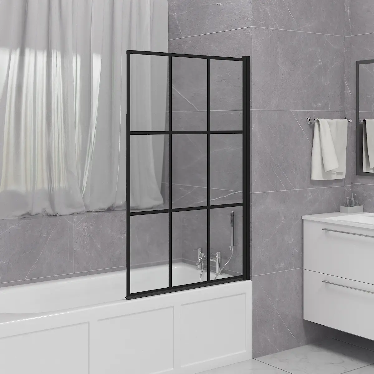 Sundaze Black Grid Toughened Safety Glass Straight Pivot Shower Bath Screen 1400x800mm