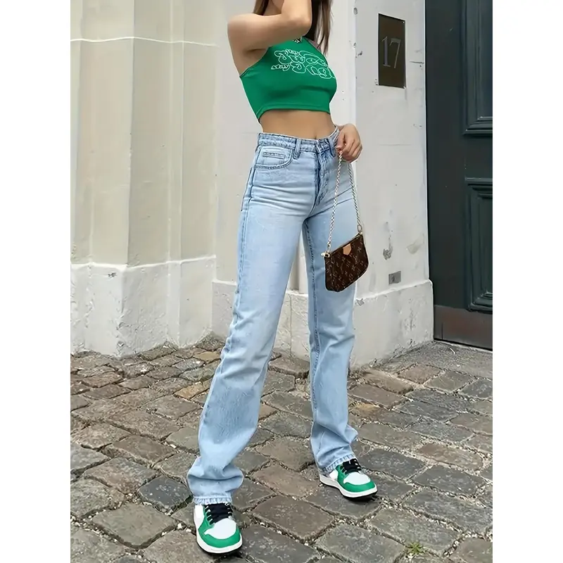 High Waist Light Washed Straight Jeans, Slash Pocket Casual Loose Fit Denim Pants, Women's Denim Jeans & Clothing 2