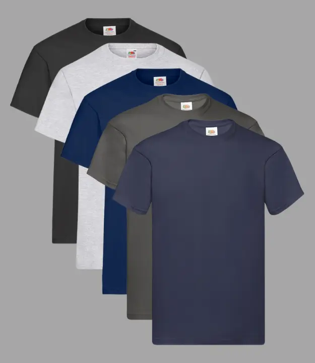 Fruit of The Loom Men's Original Short Sleeve T-Shirt Pack of 5, Black/Navy/Heather Grey/Light Graphite/Deep Navy Classic Plain Casual Menswear Top Tropical Crewneck Jackets Jeans Shortsleeve Sweatshirts Streetwear