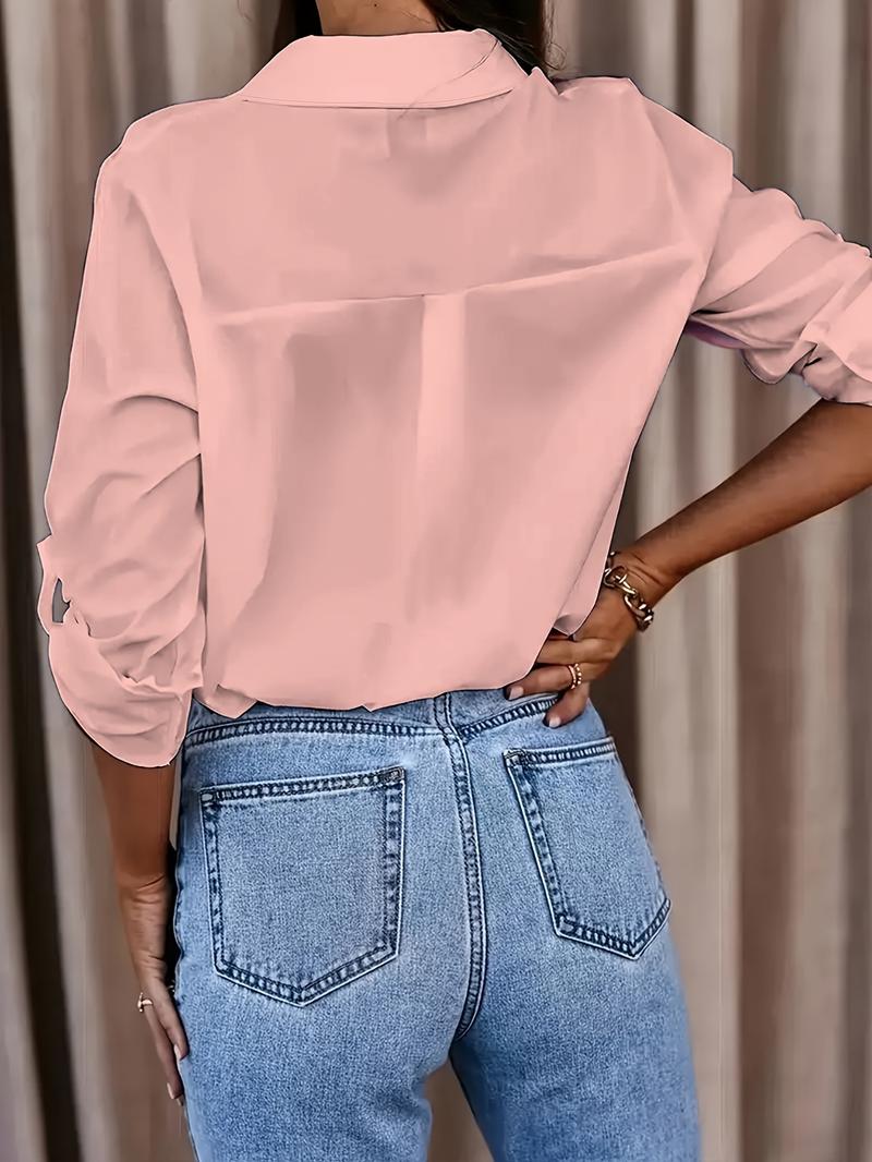 Product Introduction of Solid Button Front Shirt, Casual Turn Down Collar Office Work Shirt, Women's Clothing 14