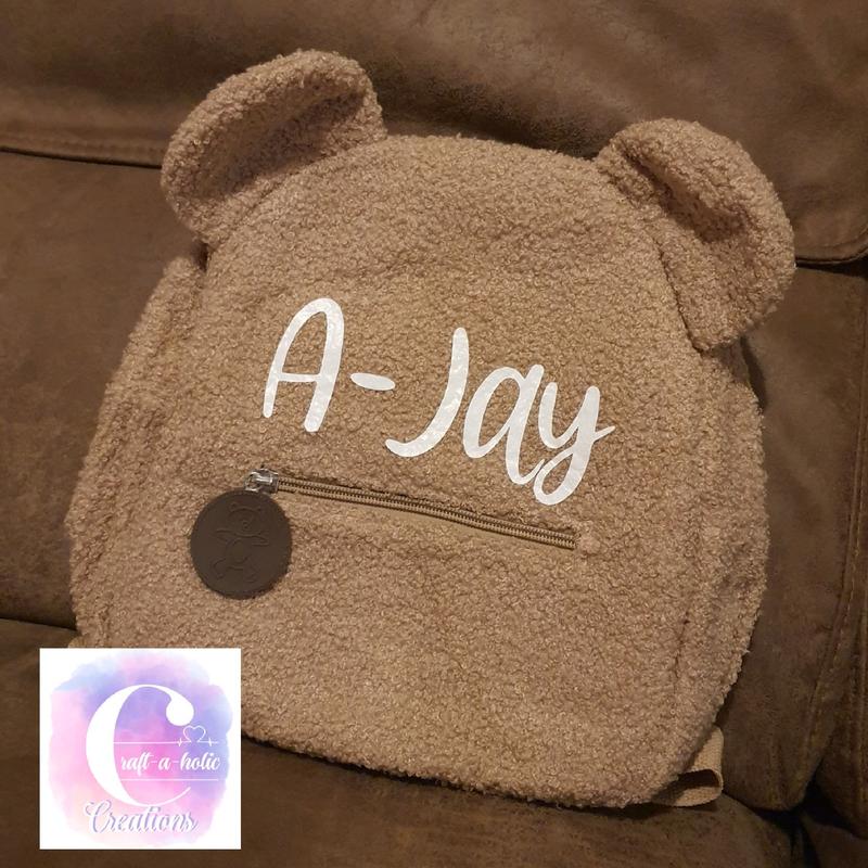 Personalised Teddy Bear Bags Plain Brown Fluffy Kids School Nursery Backpack Name, Gift, Accessory Fashion, Cute, Adjustable Straps, Various Colours, Fonts and Finishes 1