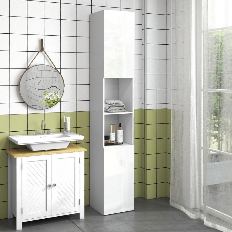 Tall Slim White High Gloss Bathroom Cabinet with Multi Storage by Kleankin 1