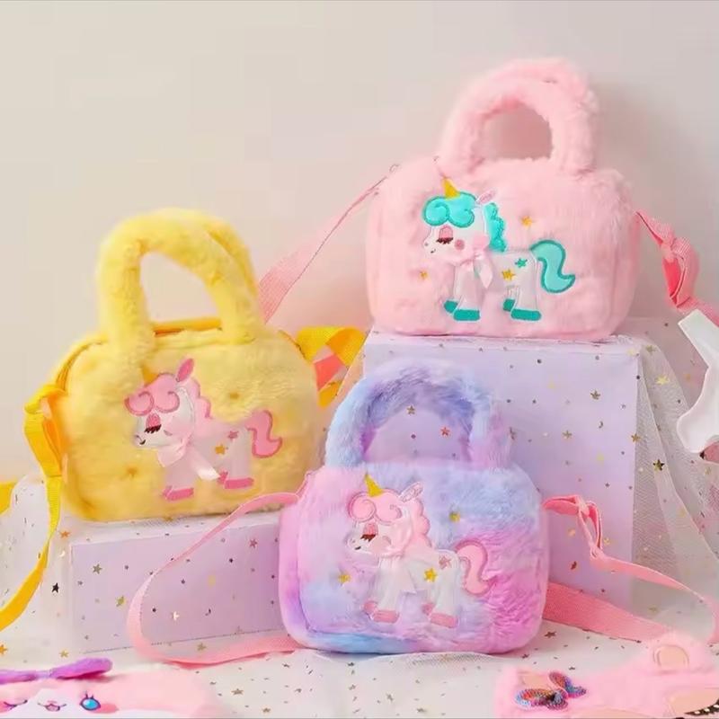 Kids Embroidery Unicorn Plush Toy Crossbody Purses Handbags Little Girls Rainbow Fluffy Purse Cute Cartoon Furry Shoulder Bag 1