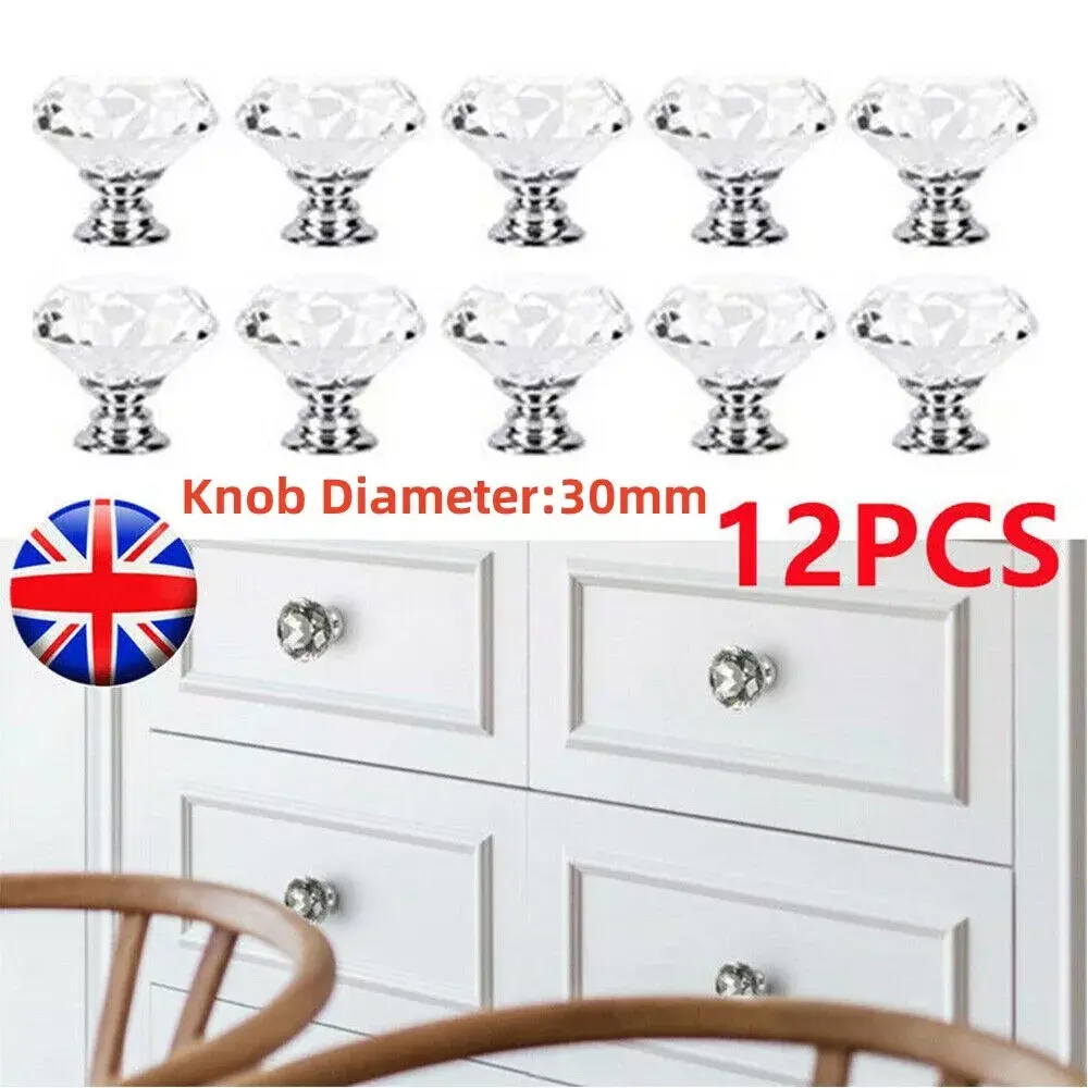 12 Crystal Glass Door Knobs for Drawer and Cabinet Furniture Handle in UK Kitchen