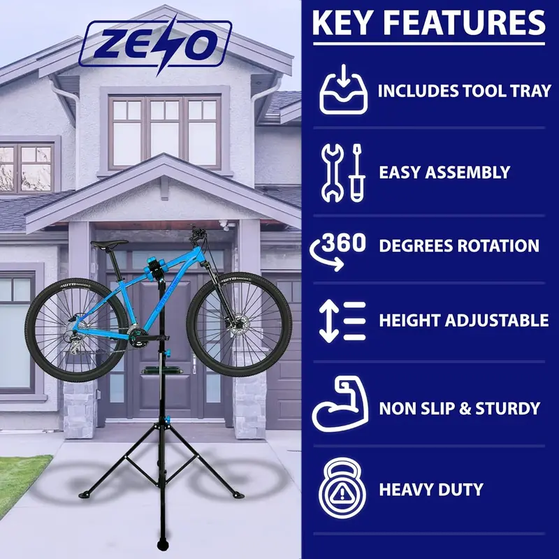 ZENO Bike Stand | Bike Repair Stand | Heavy Duty Folding Bicycle Workshop Stand | Height Adjustable Bike Rack | Mountain Bike Work Tool with a Front Wheel Stabilizer | 193CM | Black 3