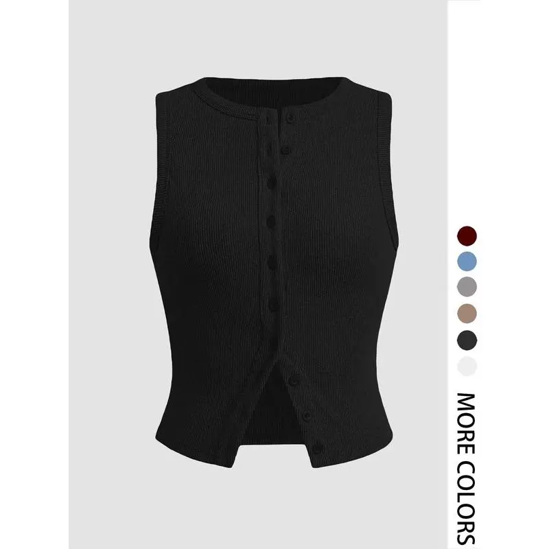 Women's Plain Button Front Ribbed Crop Tank Top, Casual Sleeveless Round Neck Top for Daily Wear, Ladies Clothes for All Seasons, Sky Tops