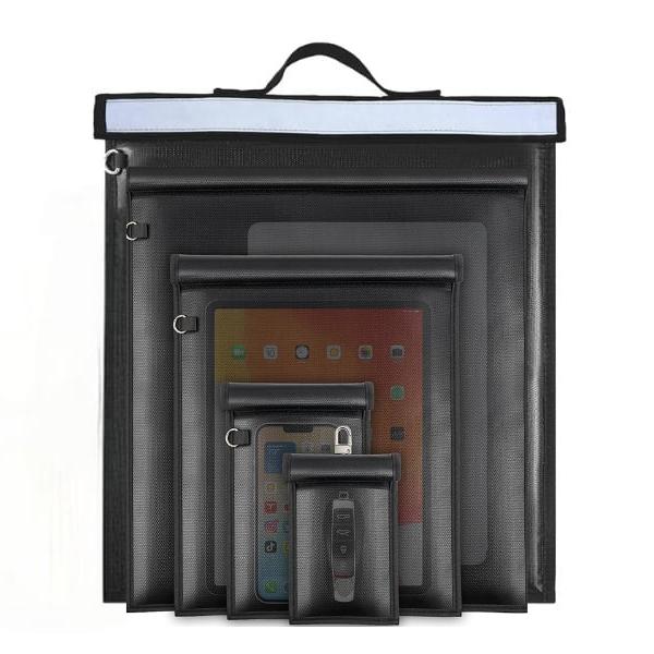 Product Introduction of Waterproof & Fireproof Farady Bags, 5 Counts Signal Blocker Bags, Anti-Signal Blocker  Bags, Storage Bag for Car Keys, cell phone, credit Cards, tablet and Laptop. Storage bag for Business Files 4