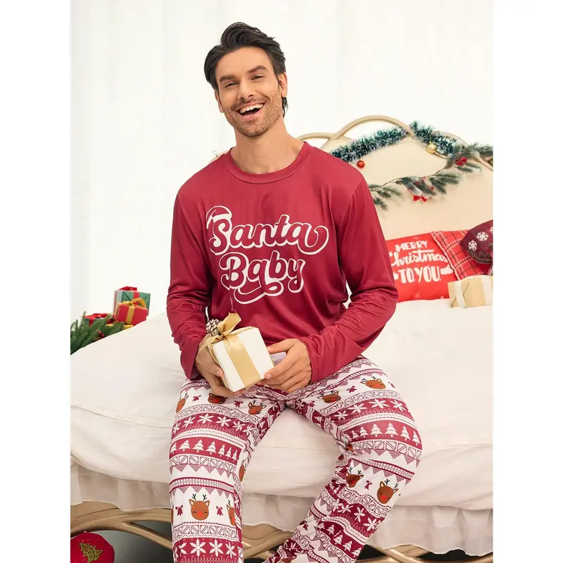 2pcs Men's Burgundy Simple Christmas Element All Over Print Long Sleeve Pajama Set, Comfortable Loungewear Menswear Nightwear Pants Stretch 2