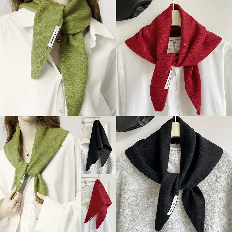 Women's Solid Colour Knitted Triangular Scarf Shawl - Warm Wool Fabric, Christmas/College Theme, Multicoloured - Fashion