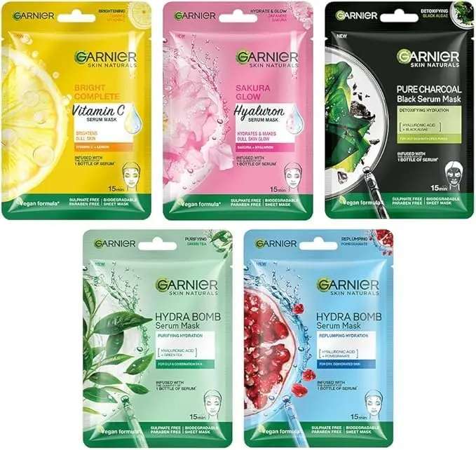 Face Serum Sheet Mask Pack of 5 (Light Complete, Sakura, Blue, Green Tea, Charcoal) - Skin Naturals - Comfort, Skincare
