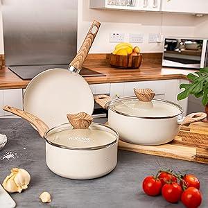 Product Introduction of Non Stick Pots and Pans Set – Induction Hob Pots Set – 5pcs Kitchen Cookware with Lids – Cooking Cream Granite Saucepan Pots and Frying Pans 7