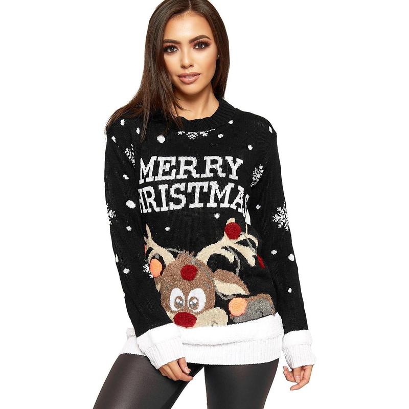 Womens Merry Christmas Print Long Sleeve Reindeer Pom Pom Jumper Sweatshirt Girls Xmas Party Wear Knitted Warm Pullover Novelty Sweater Top Knitwear 1
