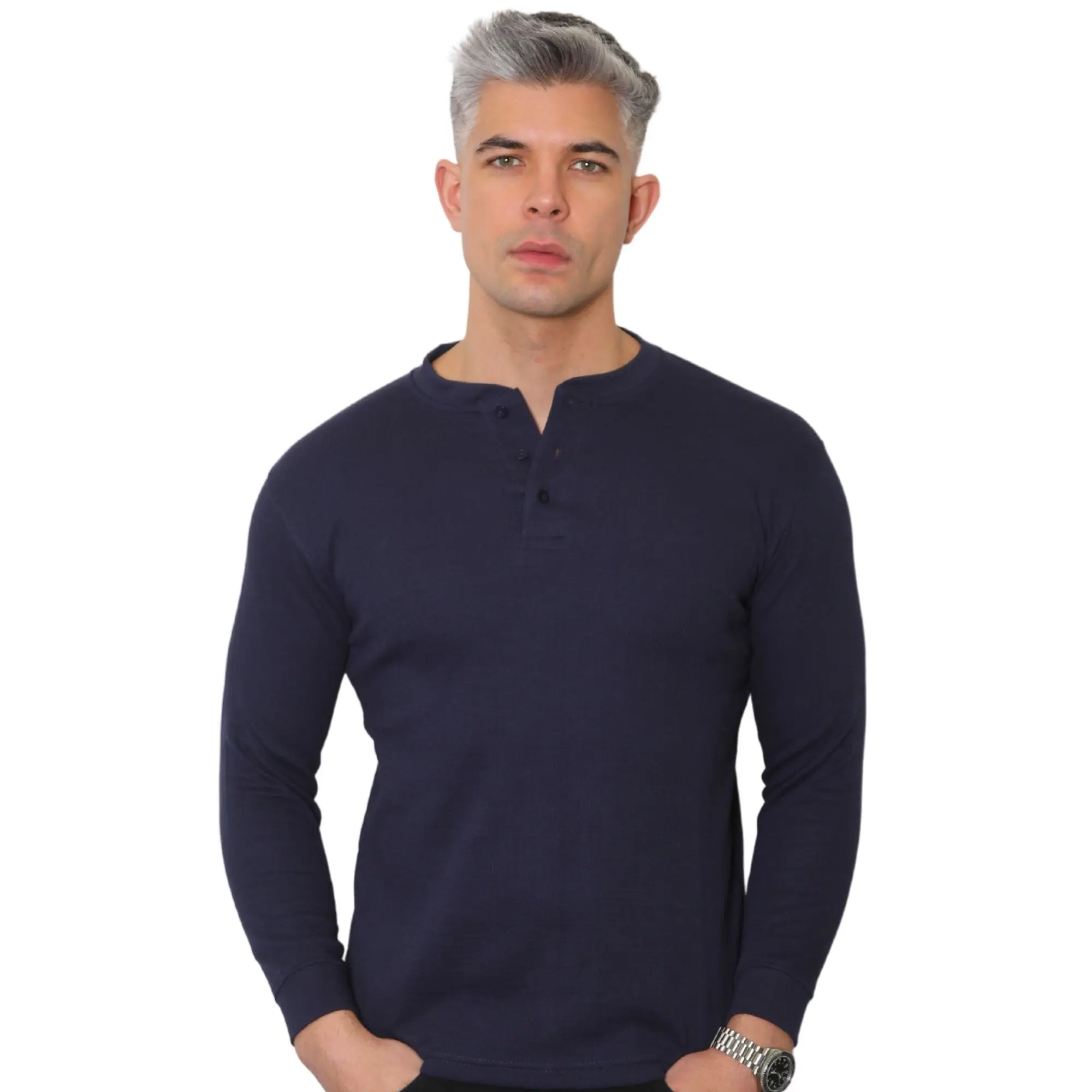 Mens Long Sleeve Henley Shirt Granded Neck Waffle Knit T-shirt Breathable and Comfortable Casual Top M - 3XL Plain Knitwear Jumper represent clothing Menswear Round Neck Grandpa Crewneck Knife Gamis Beige Biker Blue