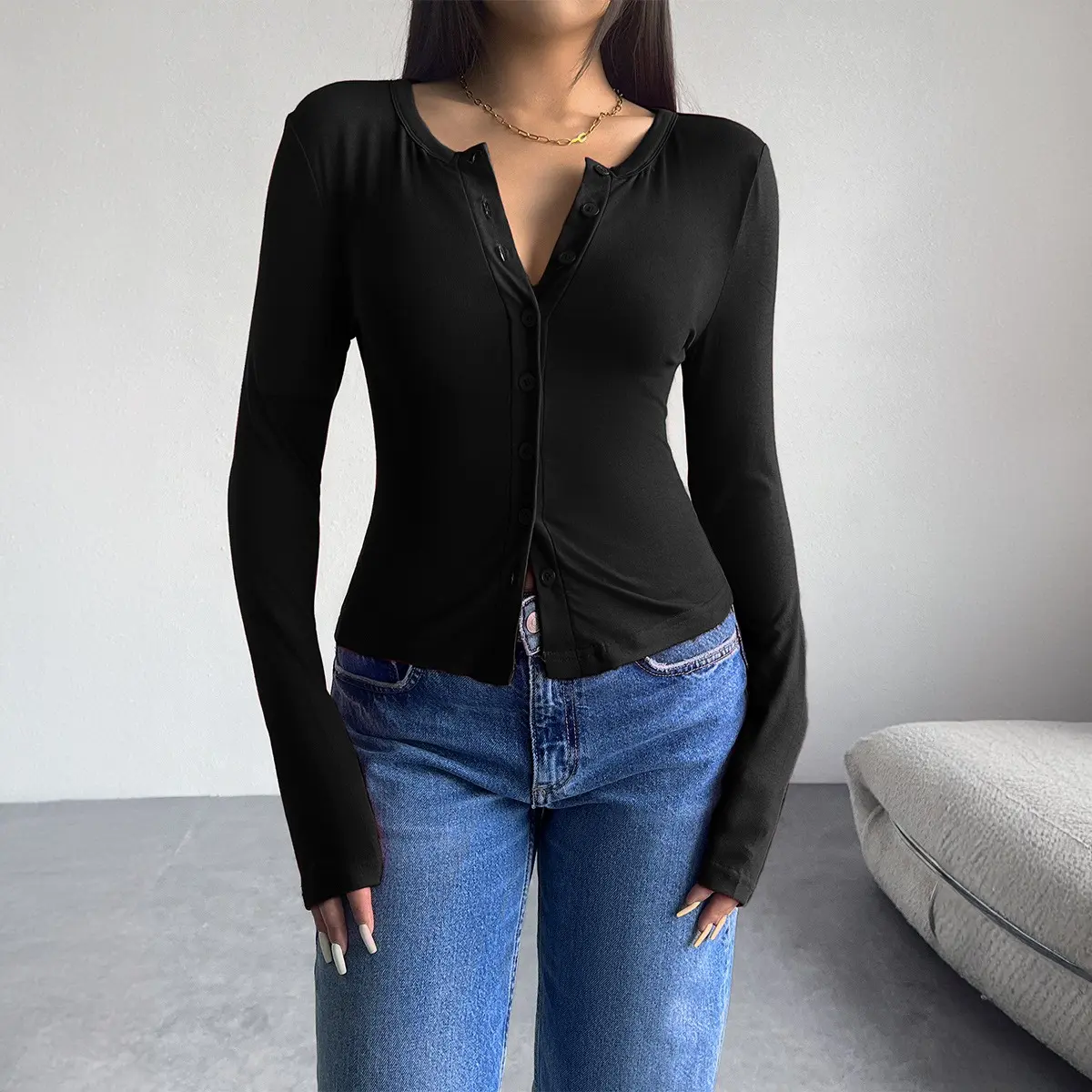 Women's Y2K Solid Color Slim Fit Cardigan Button Long Sleeved T-Shirt for Autumn and Winter - Underwear, Womenswear Top Lady Comfort Longsleeves Basic Casual Blouse Bottoms Minimalist Vneck