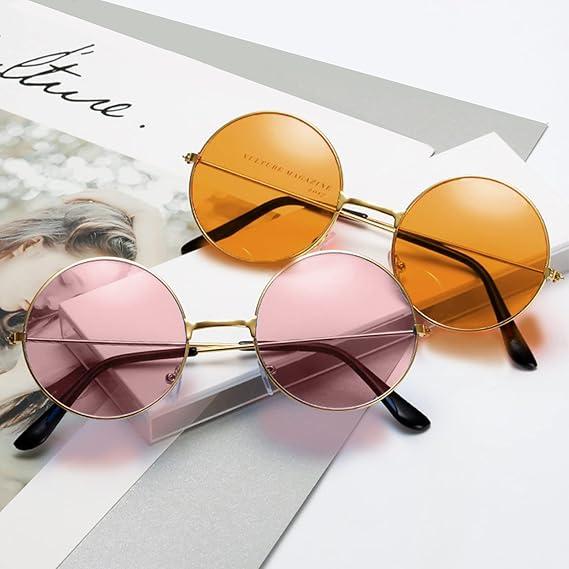 ECOVEND 2 PCS Hippy Specs Sunglasses - Metal Round Frame Circle Retro Glasses Vintage Disco Fancy Dress Colored Lens Festival Sunglasses 5