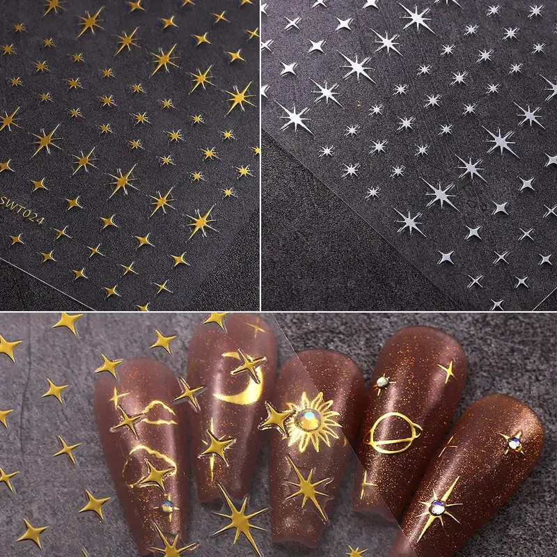 6 Sheets Nail Stickers Self Adhesive Nail Art Stickers Star Moon Sun Gold Silver Foil Nail Decals for Women Nail Art Decoration Accessories 4