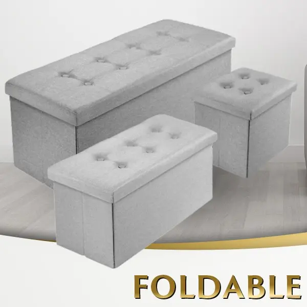 Nyxi Ottoman Foldable Storage Boxes Seat Light Grey for Kids Toys, Bedroom, Hallway, Living Room - Available in 3 Sizes