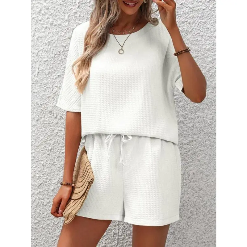 Two-piece Set Women's Plain Waffle Round Neck Oversized T Shirt & Shorts Set, Classy Two Piece Sets, Casual Batwing Sleeve Tops That Hide Stomach & Drawstring Waist Shorts, Two Piece Set, Two Piece Set Women Clothes Womenswear 3