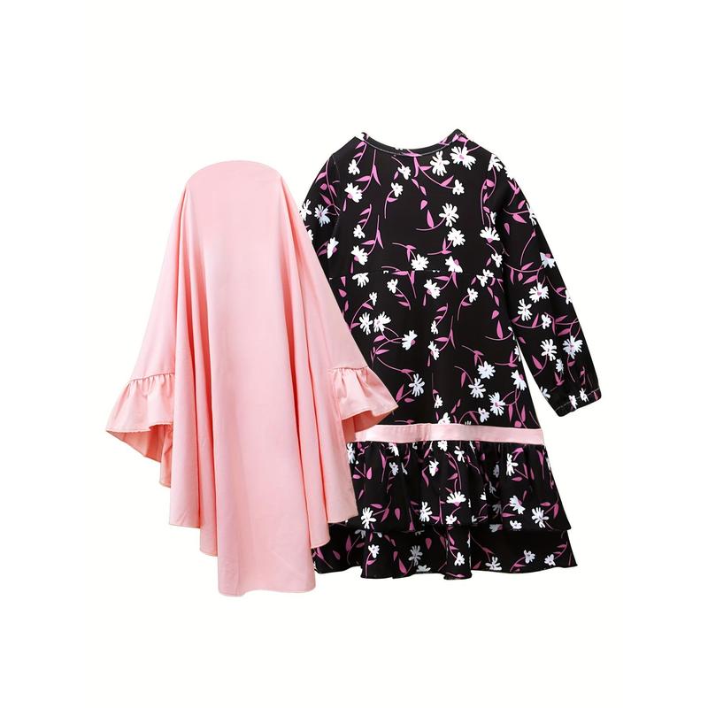 Conjunto de Ropa Étnica Tradicional Musulmana para Niñas de Primavera y Otoño - Vestido Floral de Manga Larga + Pañuelo para la Cabeza, Conjunto de Dos Piezas 2