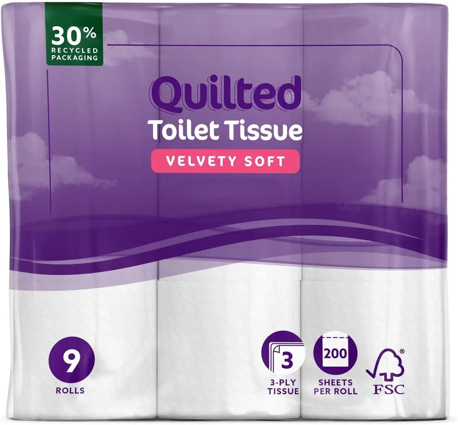 3-Ply Quilted Toilet Paper, Pack of 18 Rolls (18 Rolls in Total), 200 Sheets per Roll - Wipes Wipes