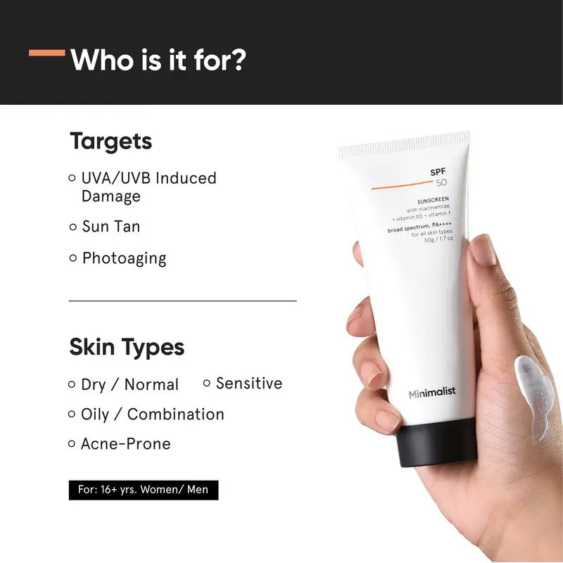 Minimalist Sunscreen SPF 50 Lightweight, No White Cast, Broad Spectrum PA ++++, Acne Safe| For Men & Women, 50 g (Pack of 1) 3