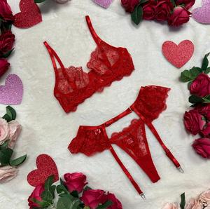 Liliosa Lingerie High Quality Mesh Sheer 3 Piece Sexy Red Lingerie Set (Clasp Bra + Clasp Garter +Thong Panties + Thigh Straps) Comfortable Womenswear, Elegance and Sexy Day Outfits,  Adjustable Garter Straps, Chic Adjustable Belt Accessory, Seamless Fit