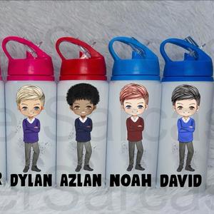 Boys Kids Personalised Metal Water Bottle Jumper Trousers Shorts Back to School Gift Birthday Party Bag Filler  Drinkware Printed