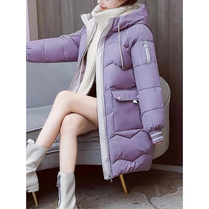 Cozy Thermal Puffy Coat - Cotton-padded Jacket with Drawstring Hoodie, Long Sleeve, Flap Pockets, and Zip-up Design for Fall and Winter - Women's Casual Outerwear for Chilly Days 3