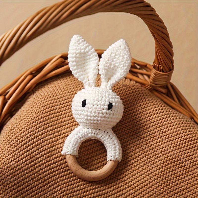 Product Introduction of Crochet Rabbit Baby Rattle, Cute Rabbit Grasping Toys, Baby Gnawable Wooden Hand Rattle, Hand Rattle Toy Gift Box, White Pink Blue Brown, with Christmas & Easter Gift 3