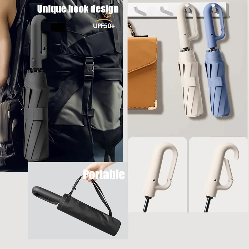 Travel Folding Golf Umbrella 10 Ribs Automatic Open/Close,Lightweight Compact Portable Backpack Car Parasol Outdoor,Sun/Rain,Anti 99 UV Protection UPF 50,Men Women Carabiner Handle Design 6