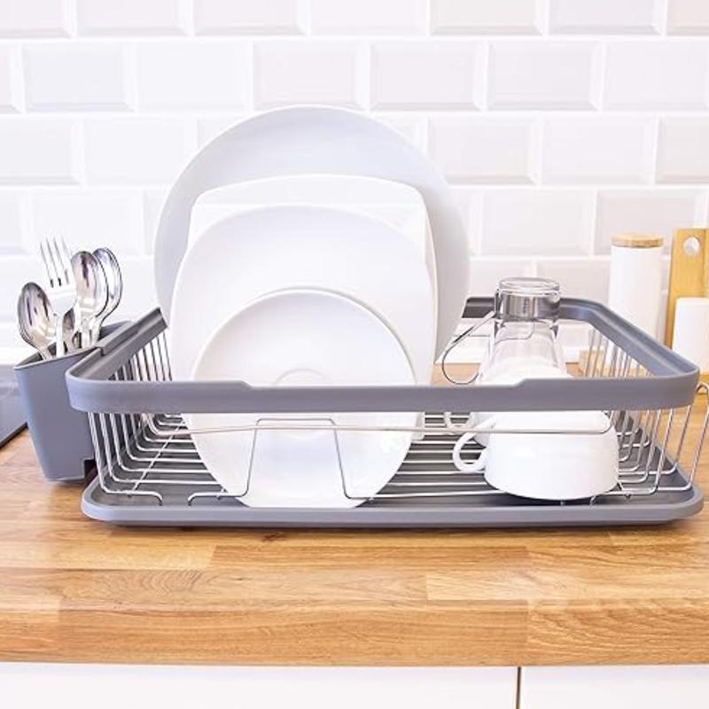 Kitchen Dish Drainer Rack with Plastic Drip Tray Cutlery Holder Kitchen Dish Drainer Rack/Separate Cutlery Holder/Removable Drip Tray Organiser 1