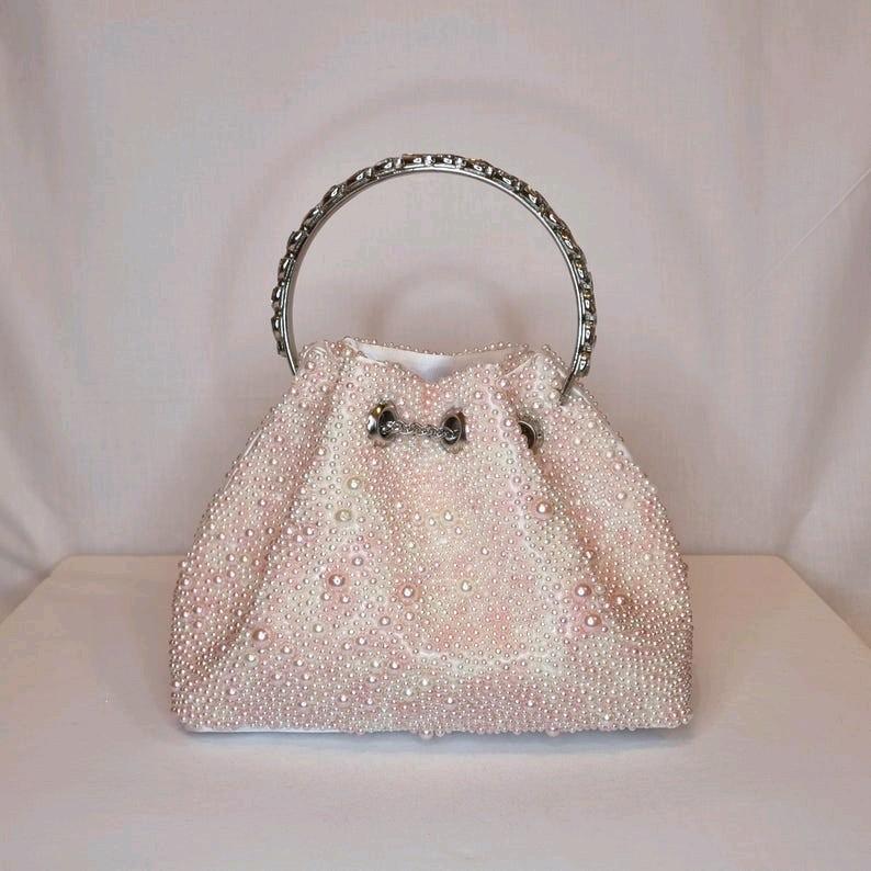 Ivory Pink Pearl Luxury Bon Bon Crystal Diamond Top Handle Tassel Chain Embellished Evening Clutch Bag for Women odourless elegant fashion bags 6