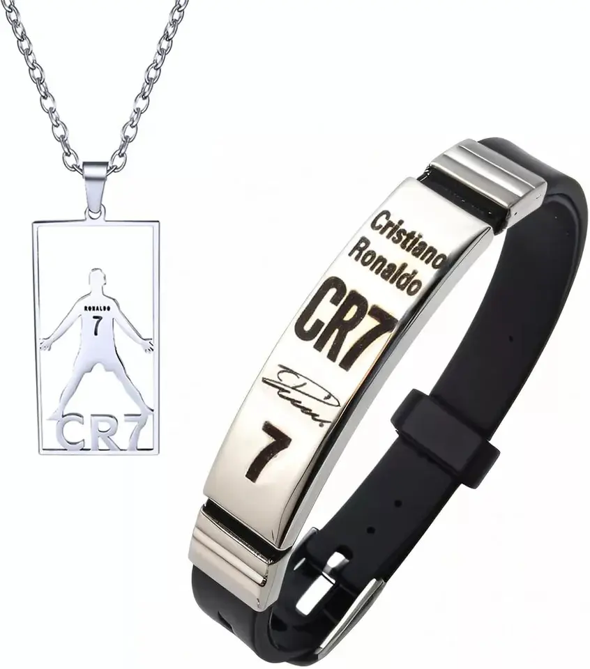 BENIFILE CR7 Football Star Bracelet Pendant Necklace Set for Men - High-Quality Stainless Steel and Silicone