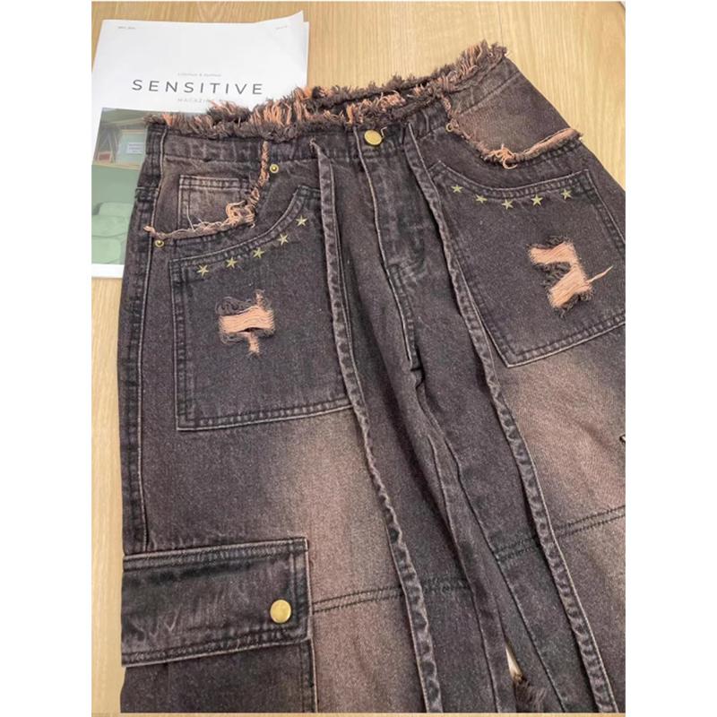 Product Introduction of Women's 90s Vintage Black Gothic Cargo Jeans Y2k High Waist Wide Leg Denim Trousers Harajuku Baggy Jean Pants Emo 2000s Clothes 3