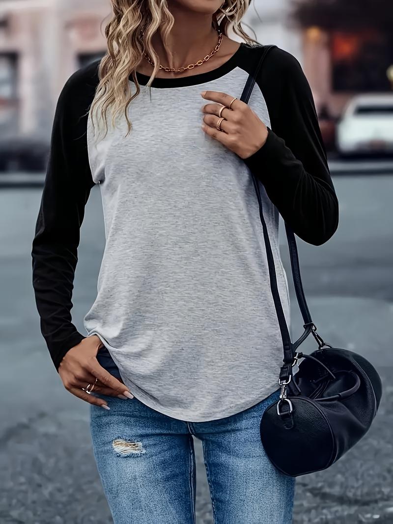 Product Introduction of Long Sleeve Color Block T-Shirt - Regular Length, Polyester and Elastane Knit Fabric, Crew Neck for All Seasons 0