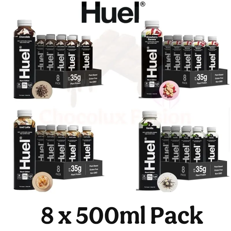 Huel Black Edition 8 X 500ML High-Protein Drink - Chocolate, Strawberry Banana, Iced Latte, Vanilla Flavour (35g of Protein Per Bottle)