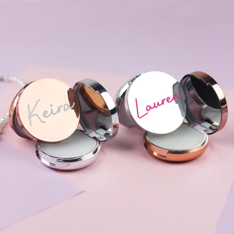Personalised Hen Party Lip Balm & Compact Mirror with Bridesmaids, Brides Name in Rose Gold or Silver Finish, Wedding Favour Pack Sizes Gift Makeup Friend Vanilla 2