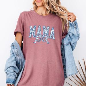 Mama Blue Floral Coquette Bow T-Shirt
