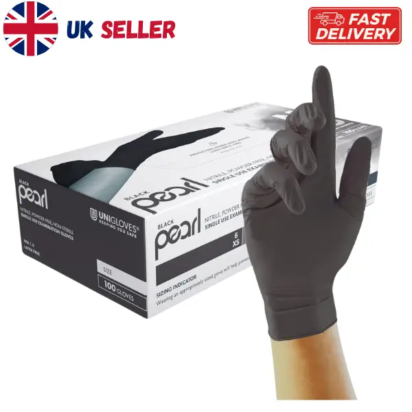 Unigloves Black Pearl Nitrile Examination Gloves - Multipurpose, Powder Free and Latex Free Disposable Gloves - Box of 100 Gloves, Black, Large